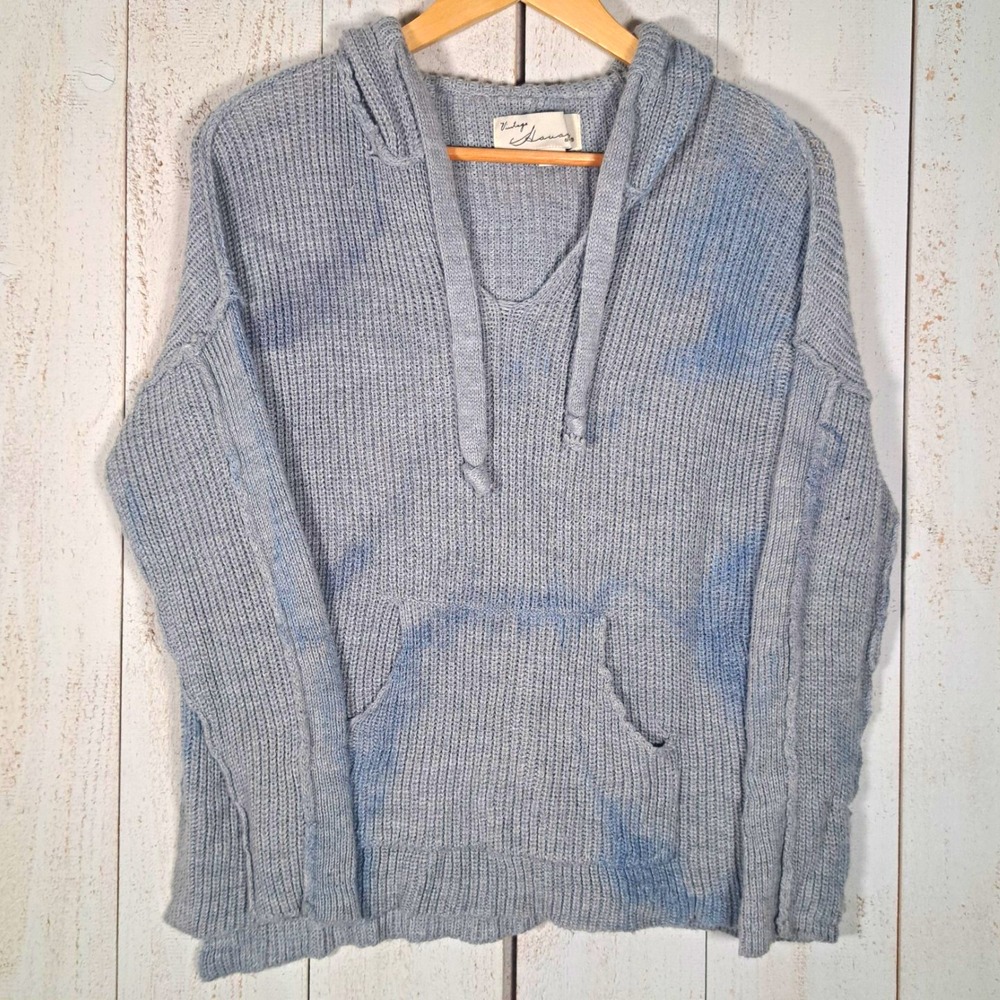 Vintage Havana Coastal Grandmother Gray Solid Knit Hooded Pullover Sweater M